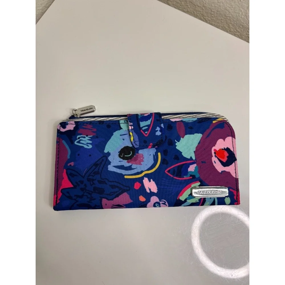 NWOT Travelon RFID Single Zip Wallet Floral Striped Navy Blue Pink Red Thin READ